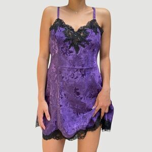 Vintage Gold Label Victoria’s Secret Purple Satin Black Lace Slip Dress Medium
